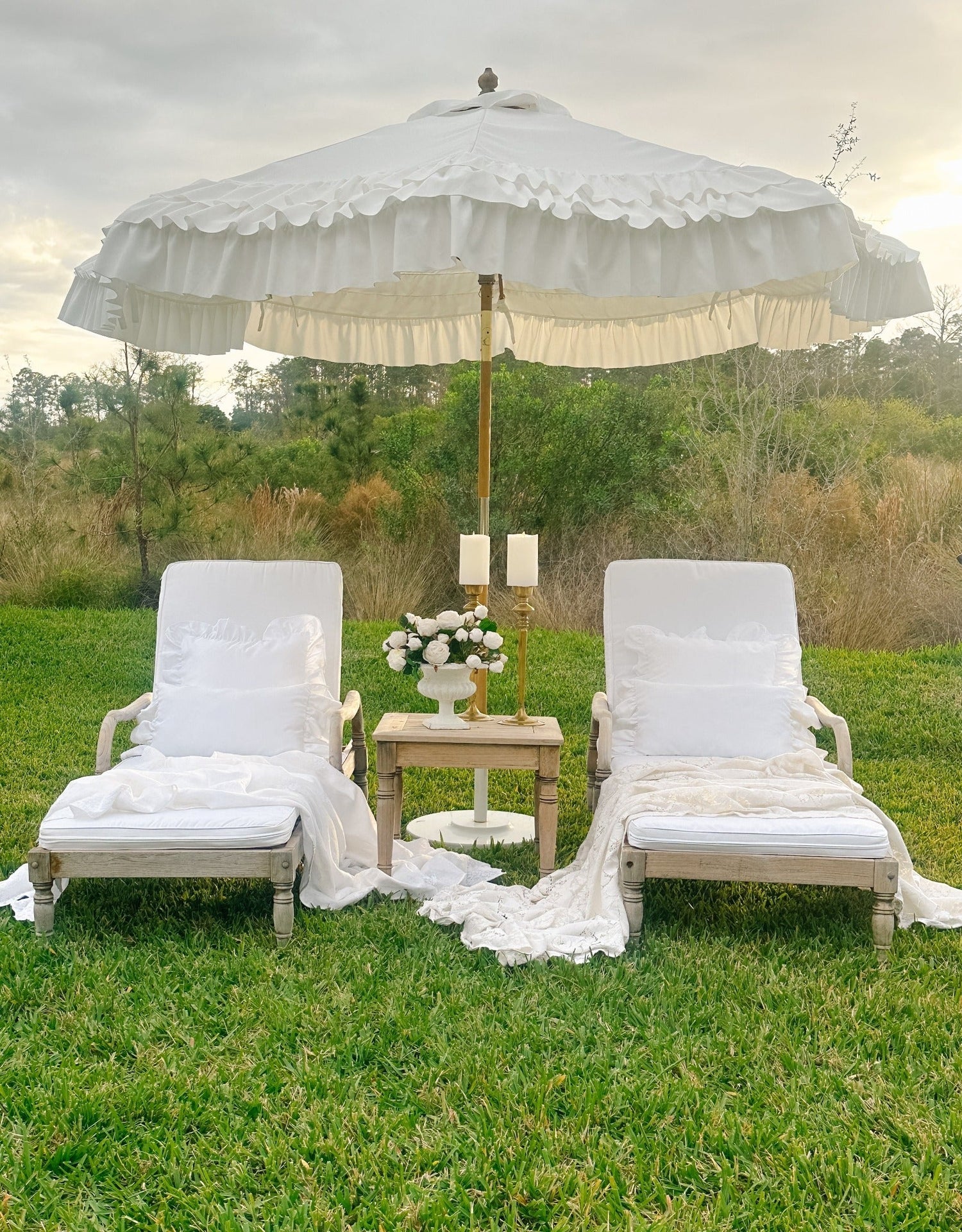 Ruffled 3 Tier White Outdoor Patio Umbrella and White Chaise Lounge Chairs