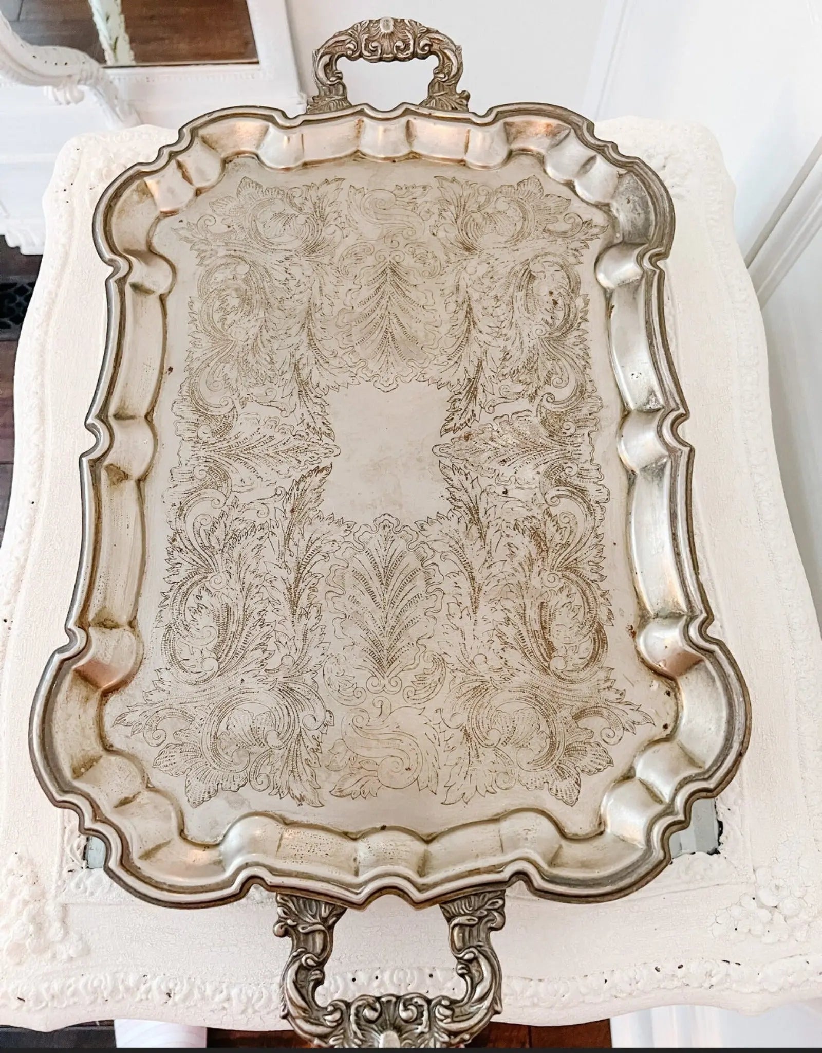 Antique English Chased Silver Plated Serving Tray - Ivory Lane Home