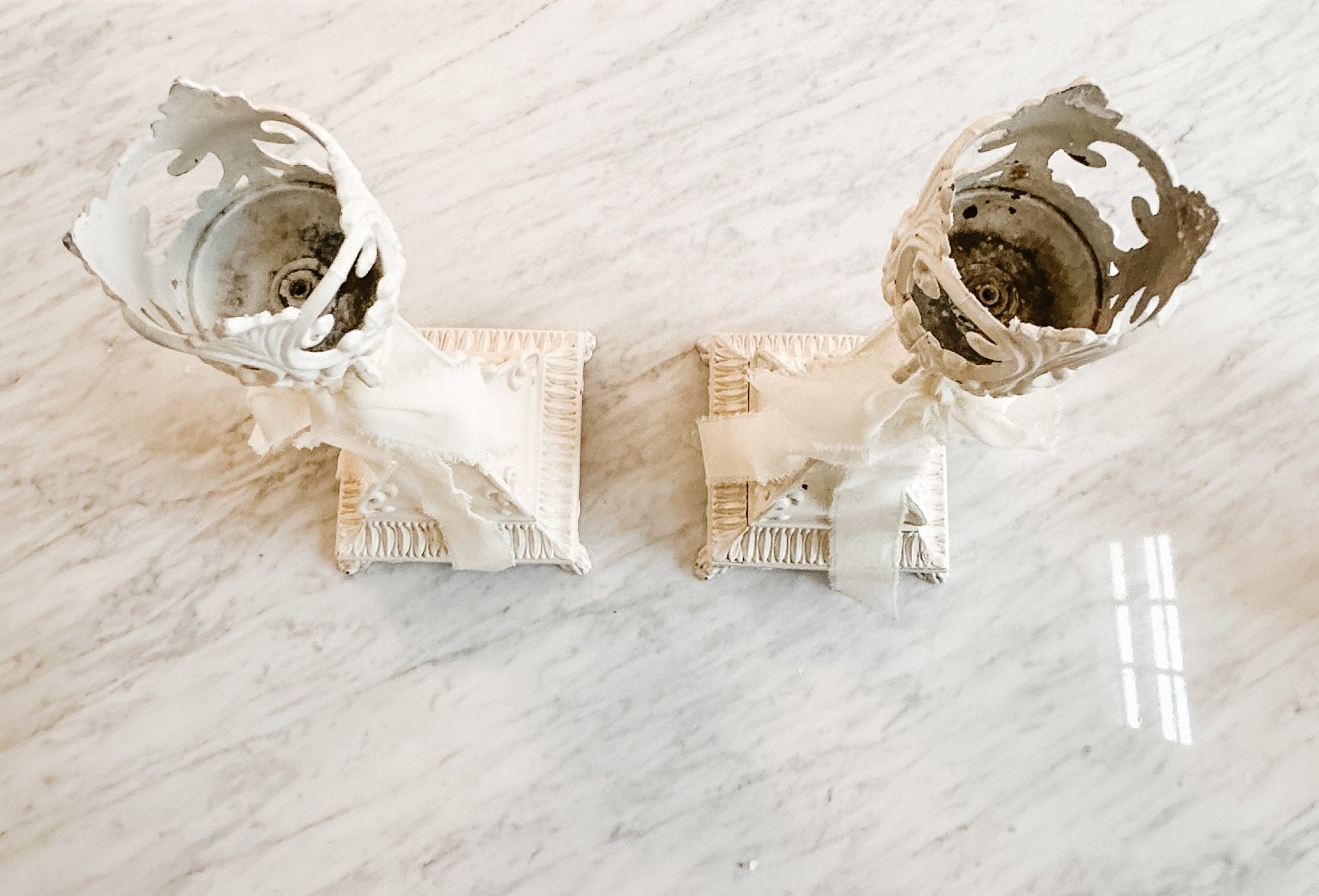 Pair of Vintage Brass Fleur Di Lis Garden Candleholders - Ivory Lane Home