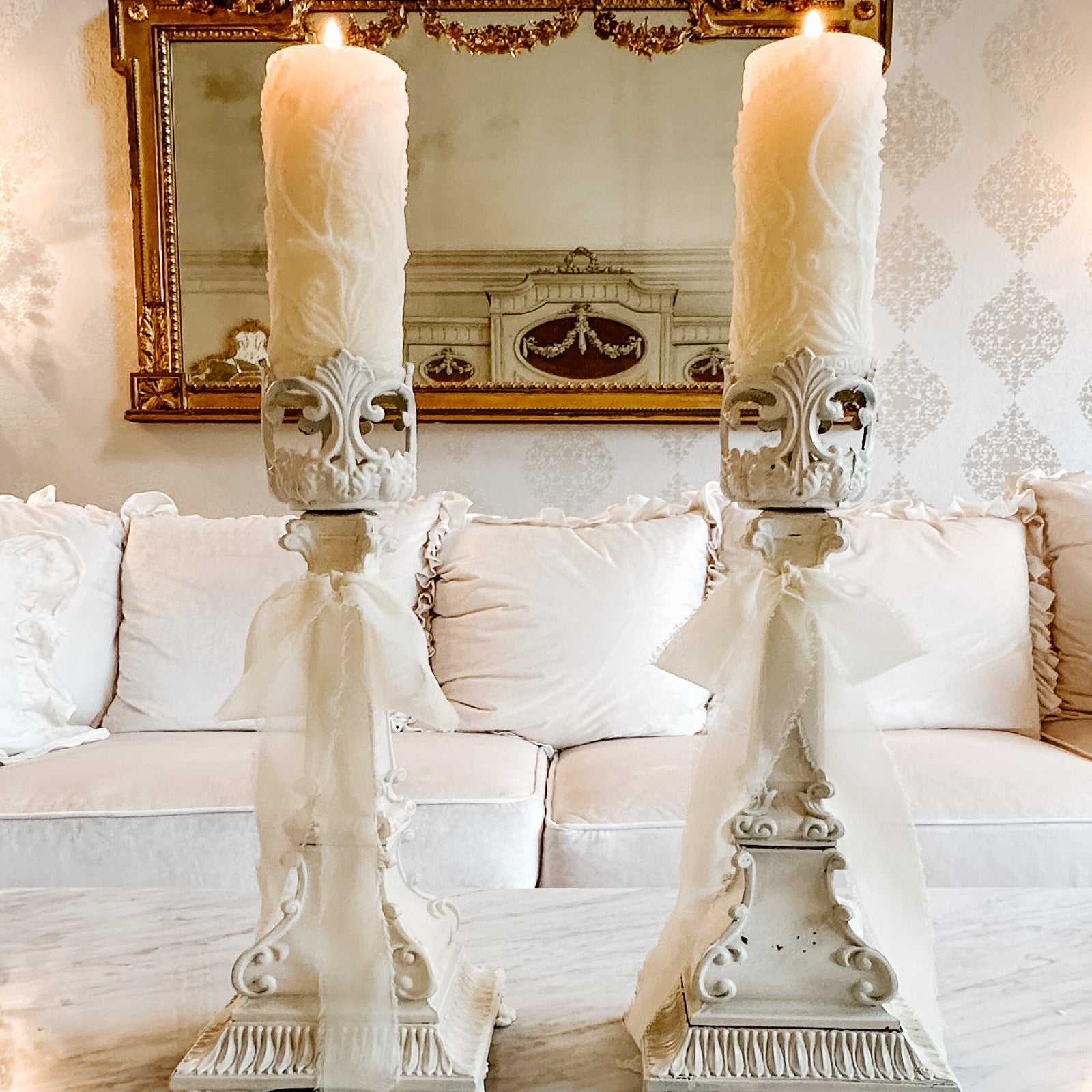 Pair of Vintage Brass Fleur Di Lis Garden Candleholders - Ivory Lane Home
