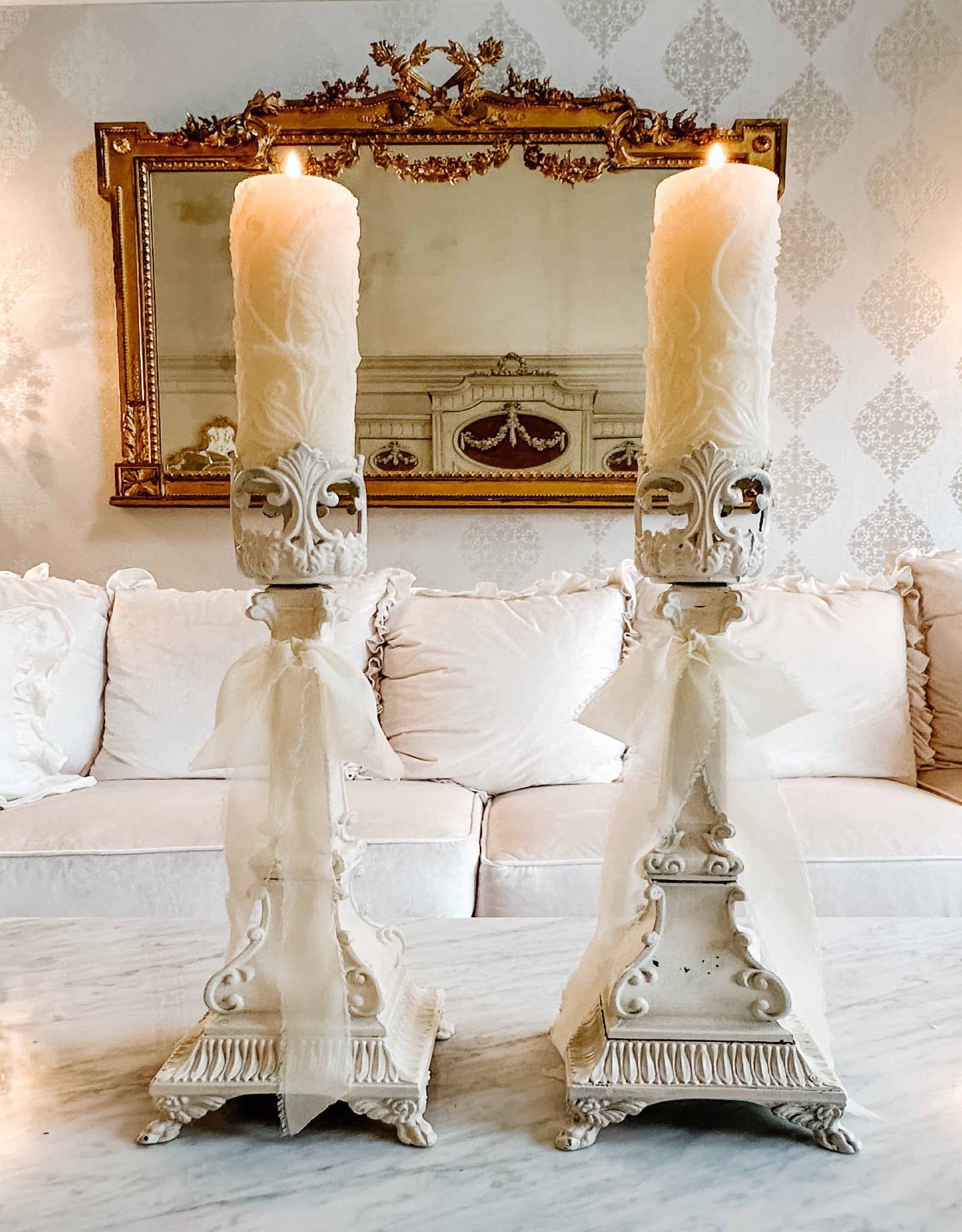 Pair of Vintage Brass Fleur Di Lis Garden Candleholders - Ivory Lane Home
