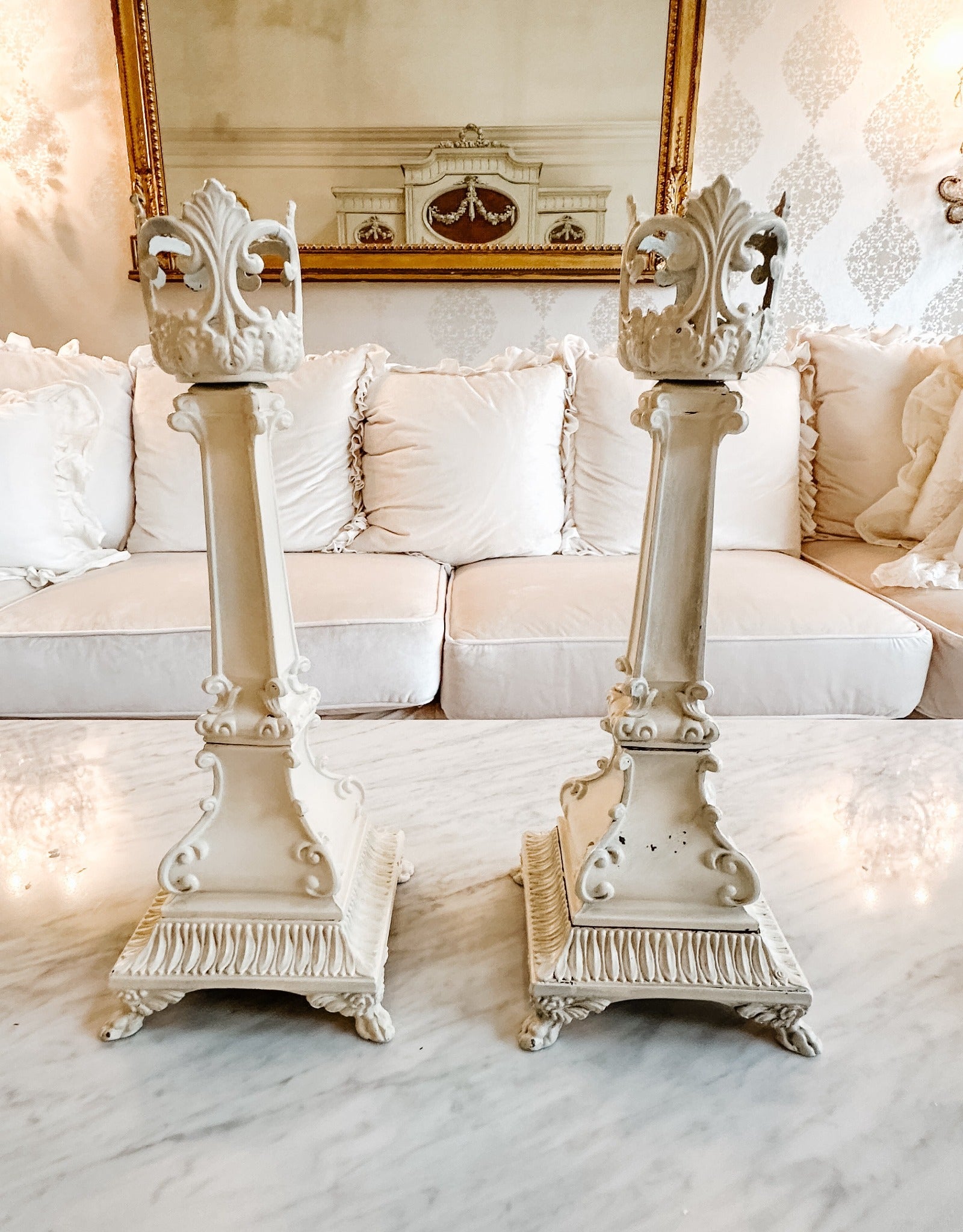 Pair of Vintage Brass Fleur Di Lis Garden Candleholders - Ivory Lane Home