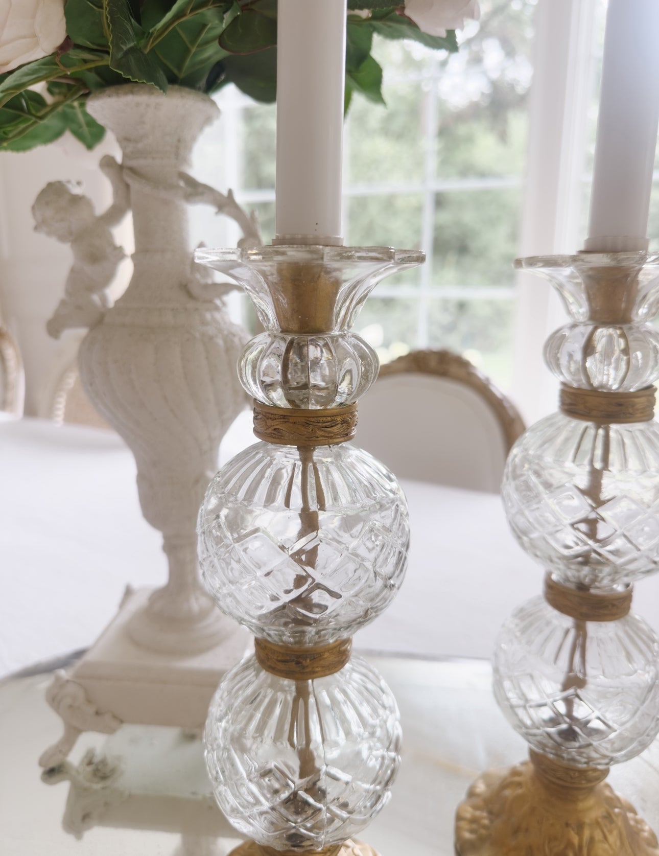Pair of Vintage Ornate Cut Glass Candleholders - Ivory Lane Home