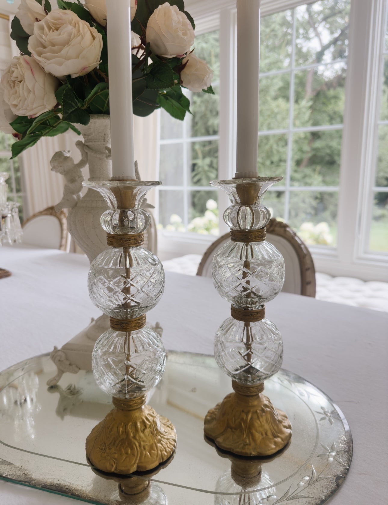 Pair of Vintage Ornate Cut Glass Candleholders - Ivory Lane Home
