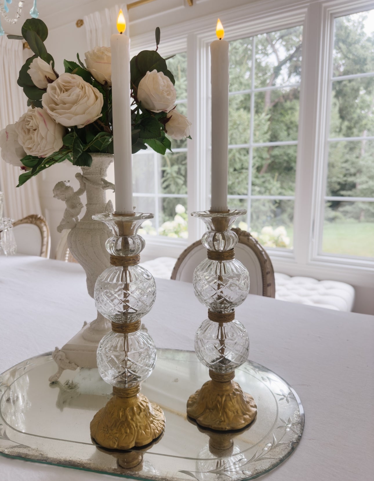 Pair of Vintage Ornate Cut Glass Candleholders - Ivory Lane Home
