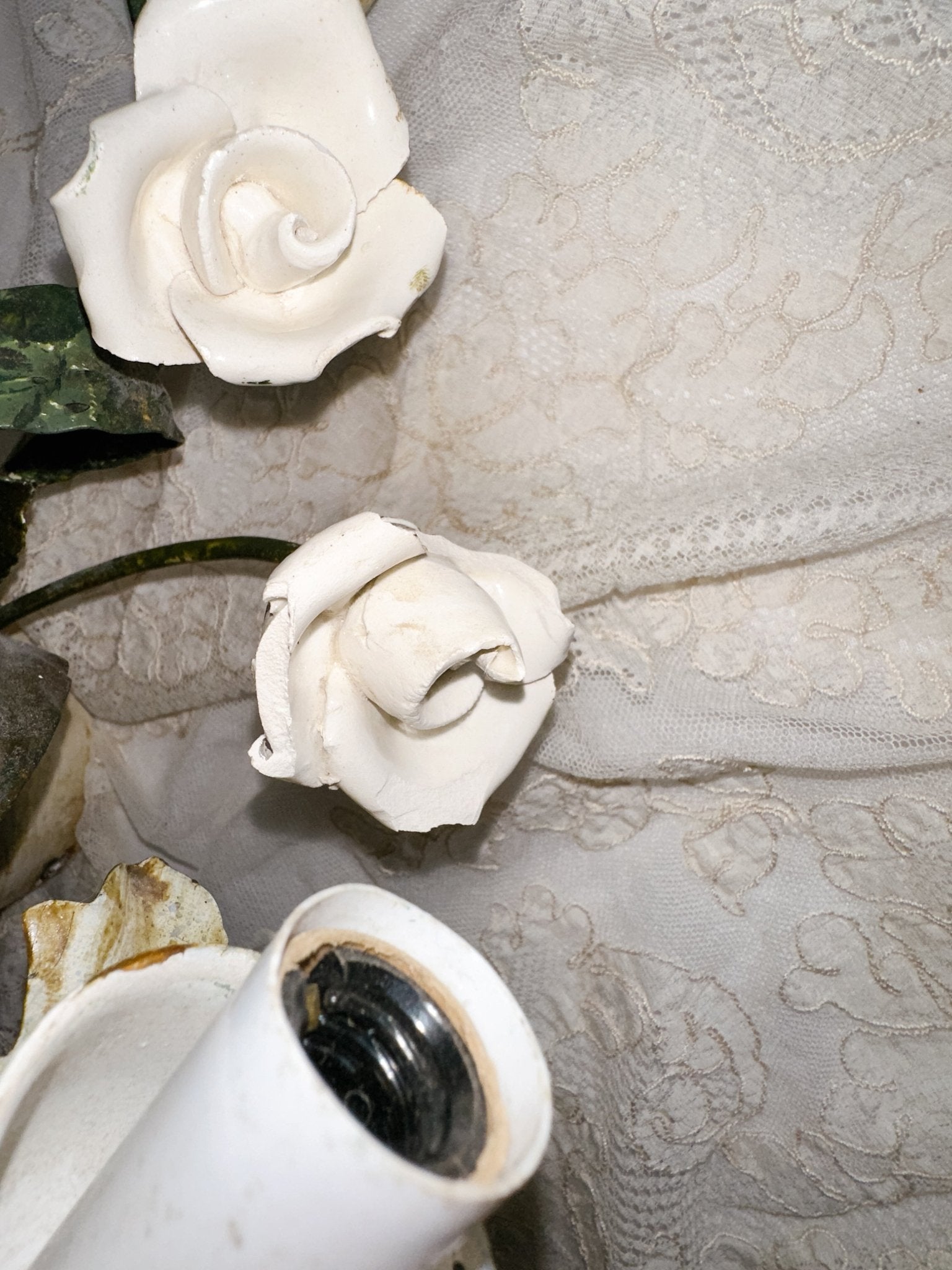Pair of Vintage White Porcelain Roses Sconces - Ivory Lane Home