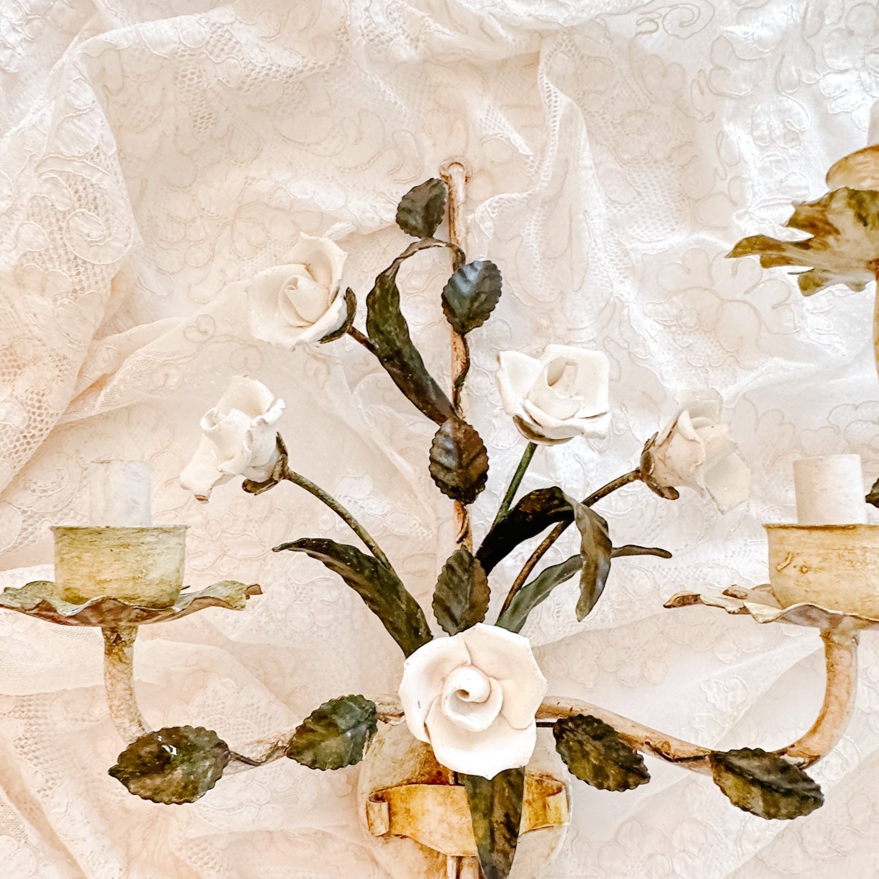 Pair of Vintage White Porcelain Roses Sconces - Ivory Lane Home