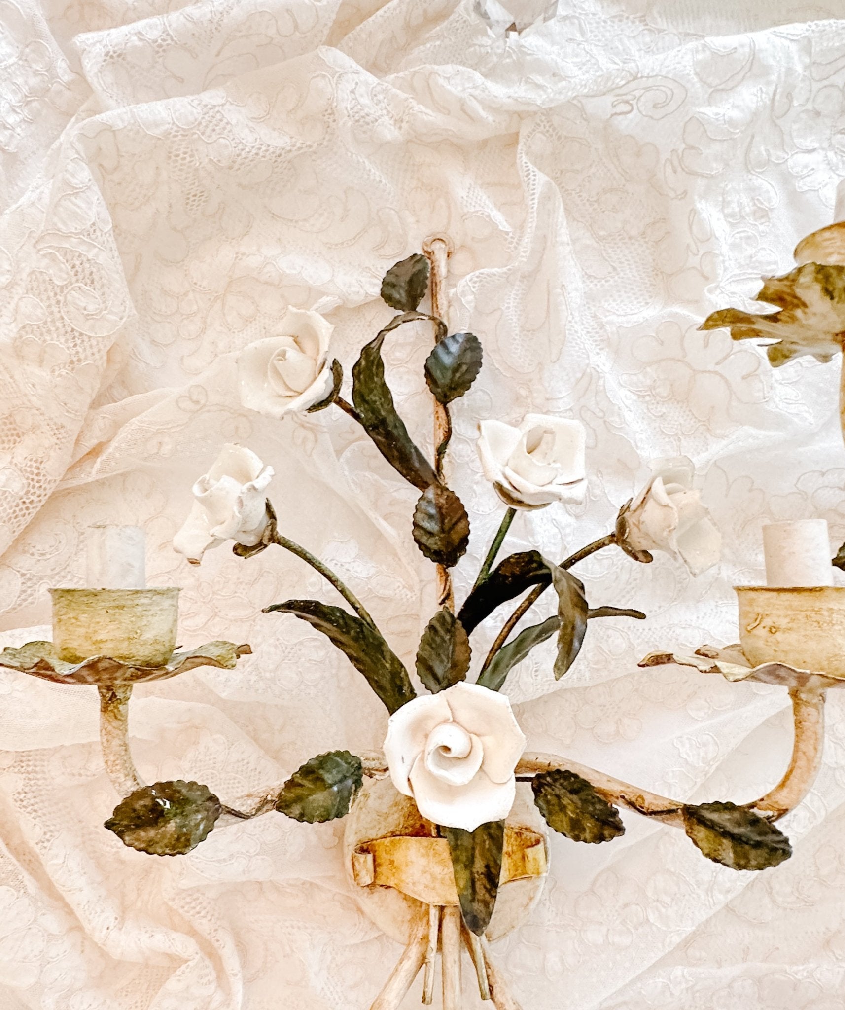 Pair of Vintage White Porcelain Roses Sconces - Ivory Lane Home
