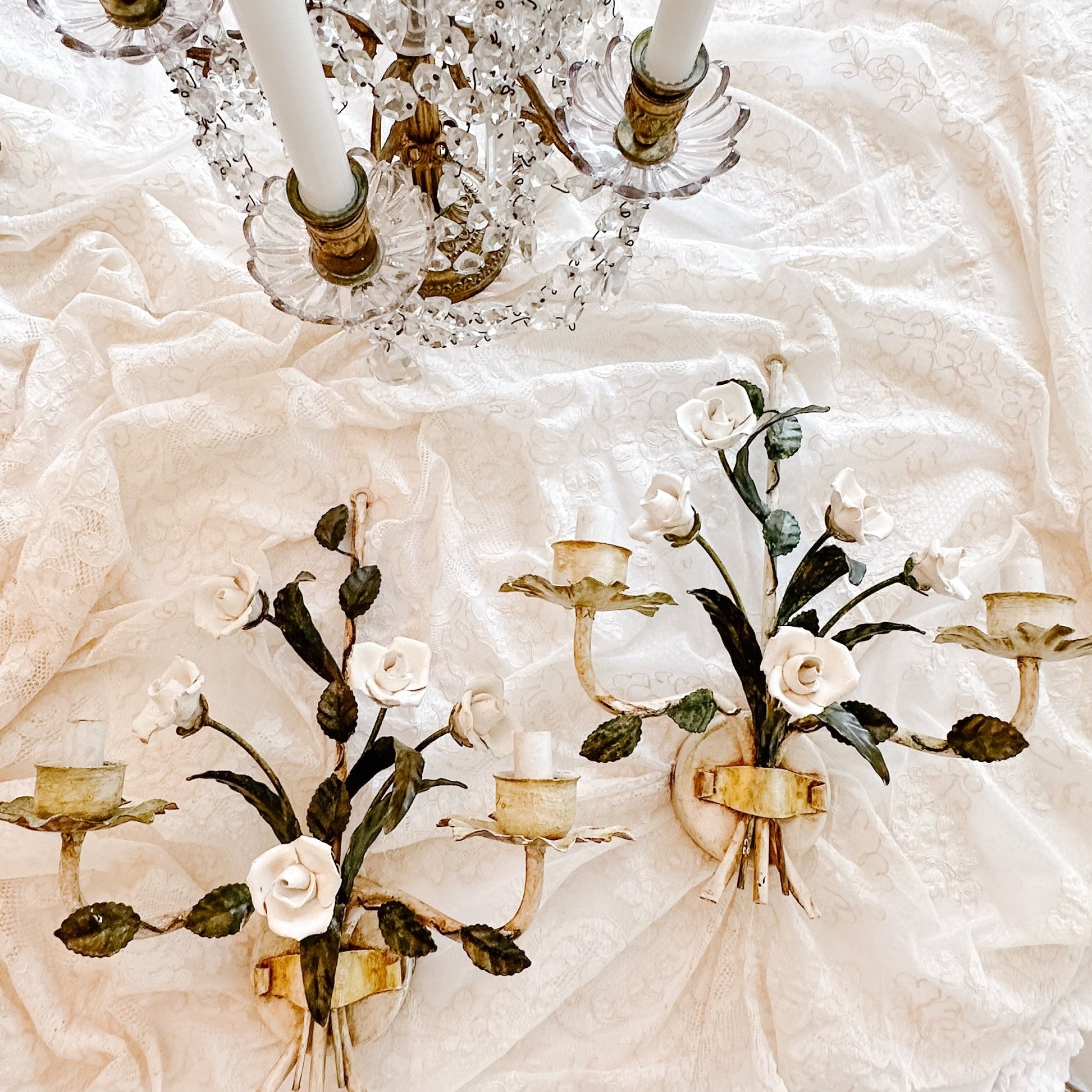 Pair of Vintage White Porcelain Roses Sconces - Ivory Lane Home