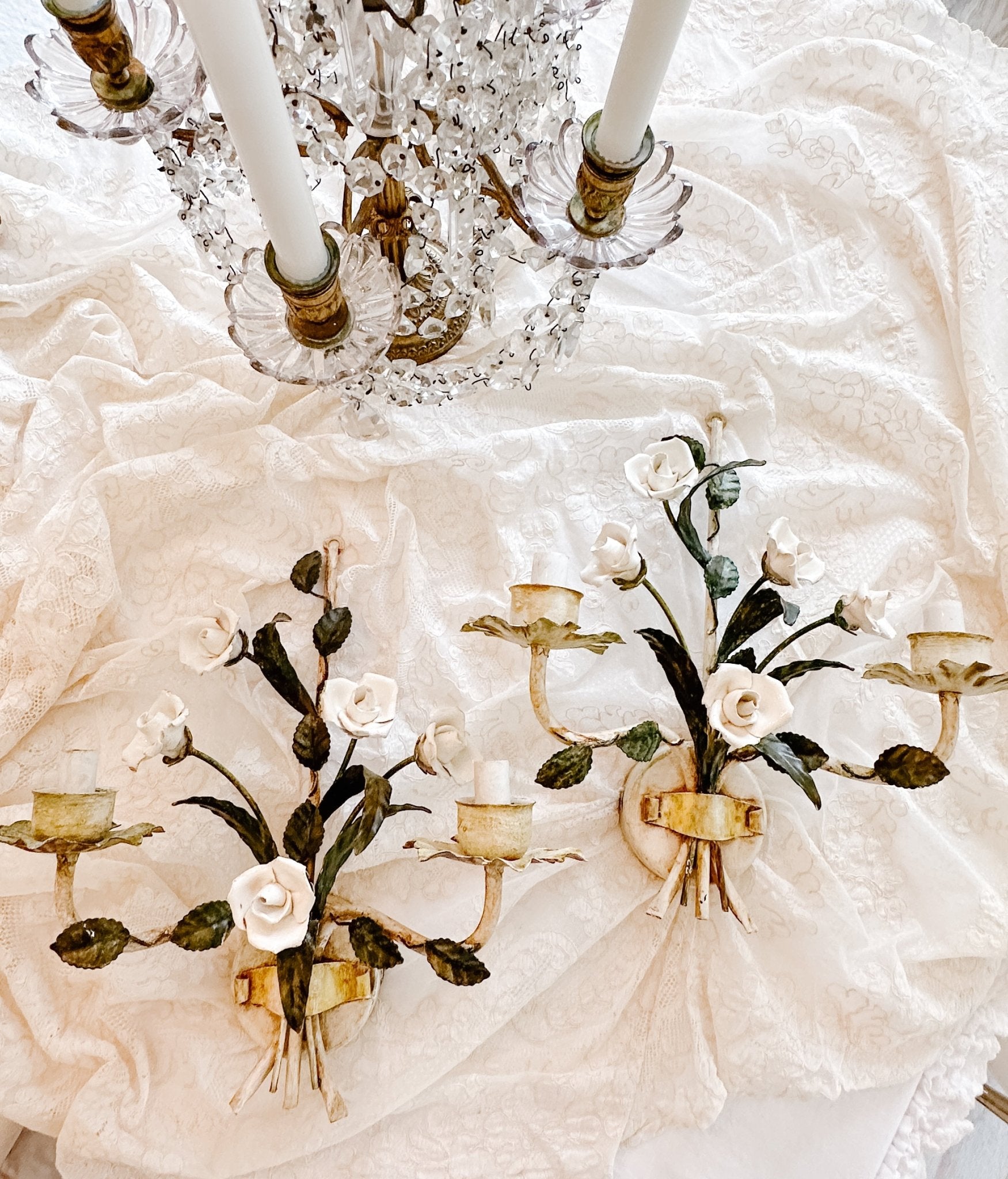 Pair of Vintage White Porcelain Roses Sconces - Ivory Lane Home