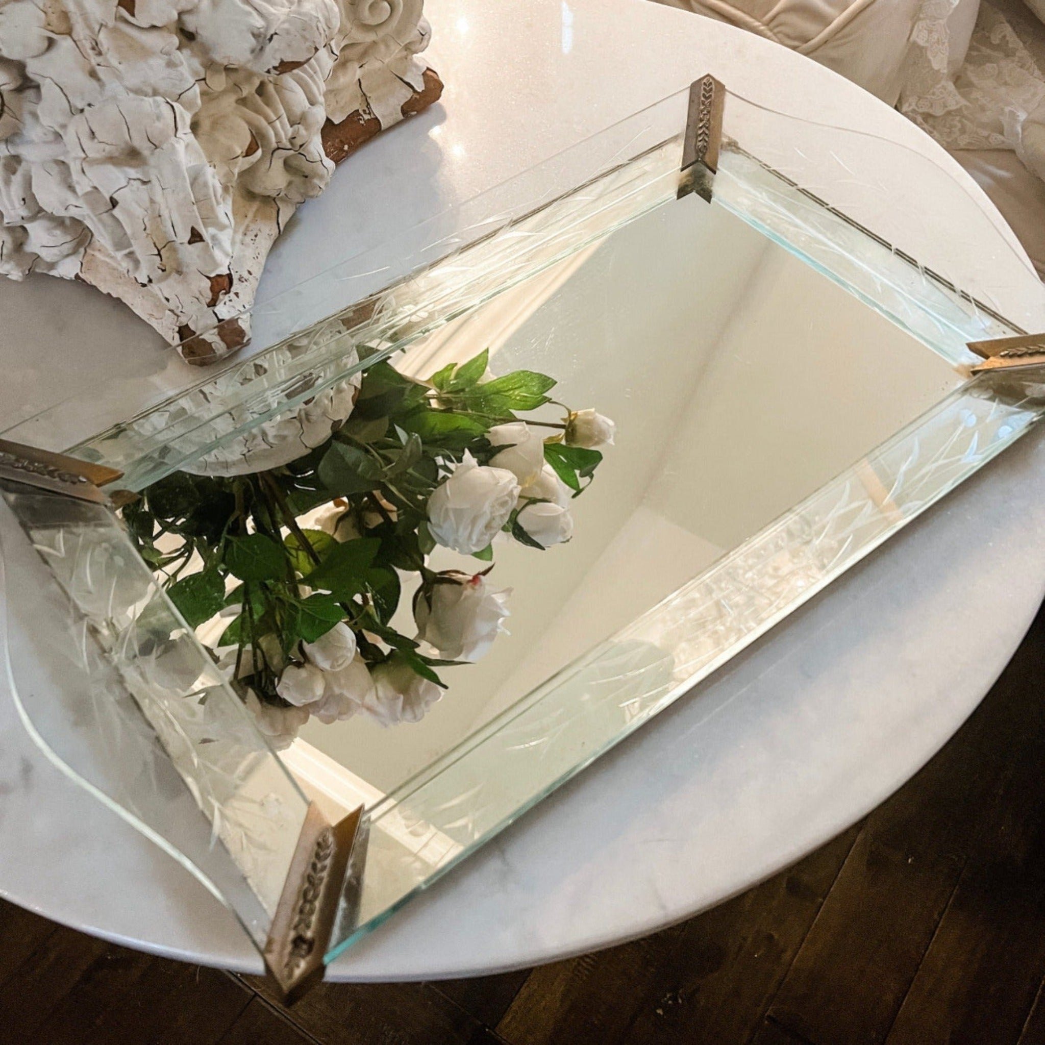 Vintage Art Deco Etched Glass Mirrored Vanity Tray - Ivory Lane Home