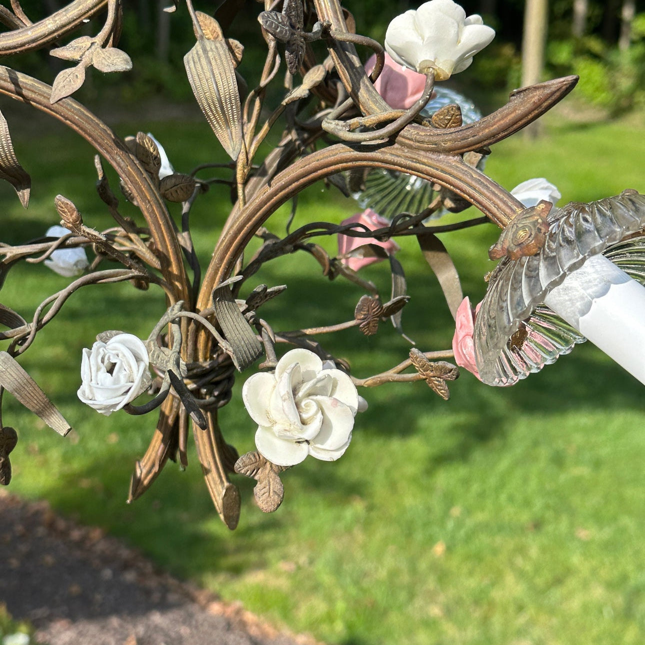 Vintage French 3 - Light Porcelain Rose Chandelier - Ivory Lane Home