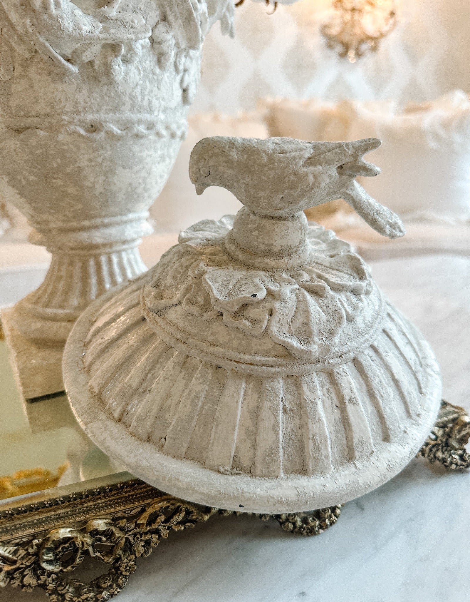 Vintage French Bird Garden Urn with Lid - Ivory Lane Home