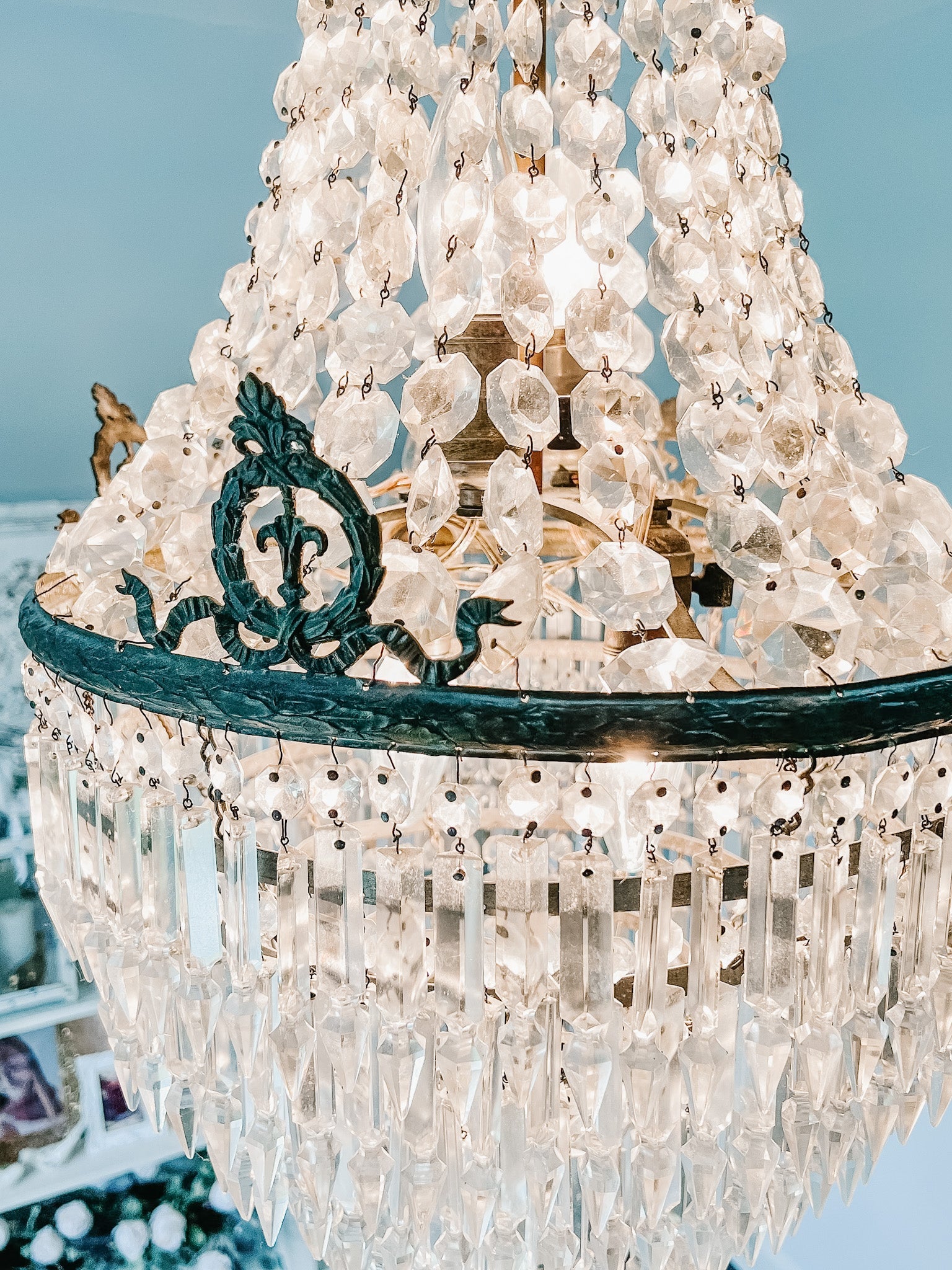 Vintage French Empire Bronze 5 - Layer Crystal Chandelier - Ivory Lane Home