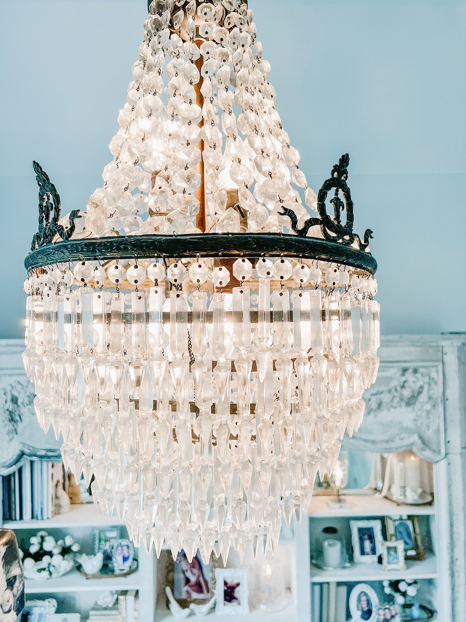 Vintage French Empire Bronze 5 - Layer Crystal Chandelier - Ivory Lane Home