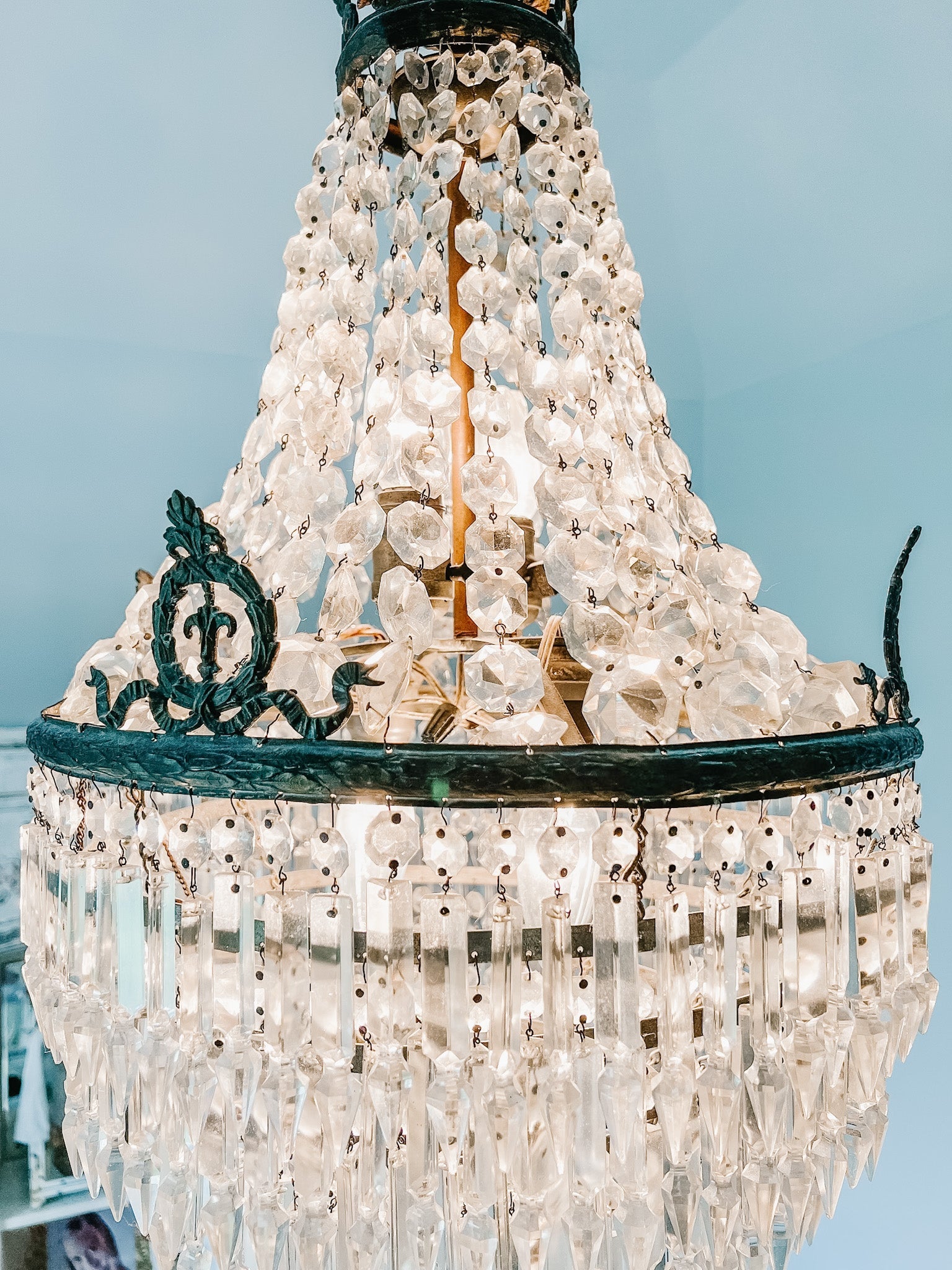 Vintage French Empire Bronze 5 - Layer Crystal Chandelier - Ivory Lane Home