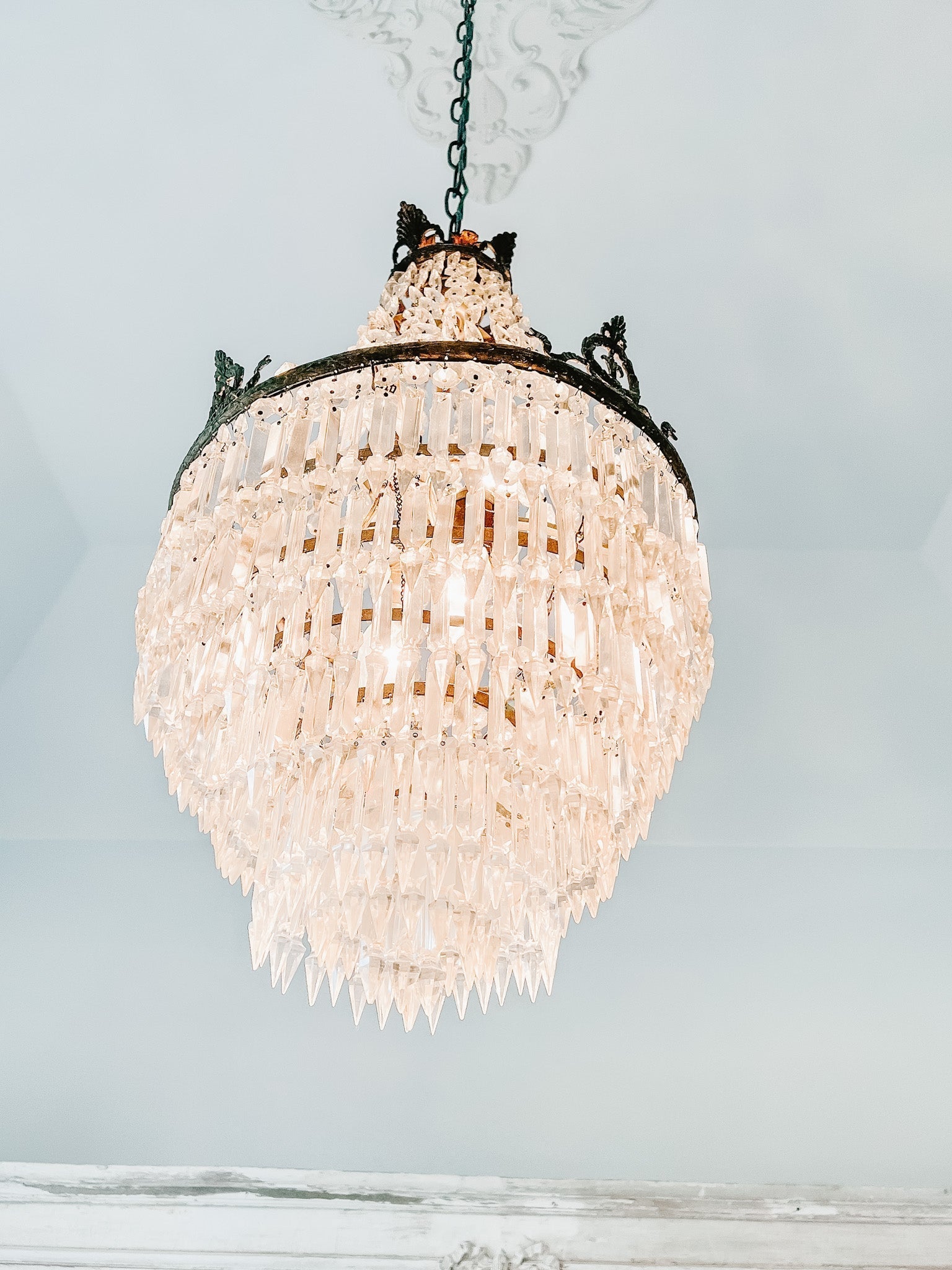 Vintage French Empire Bronze 5 - Layer Crystal Chandelier - Ivory Lane Home