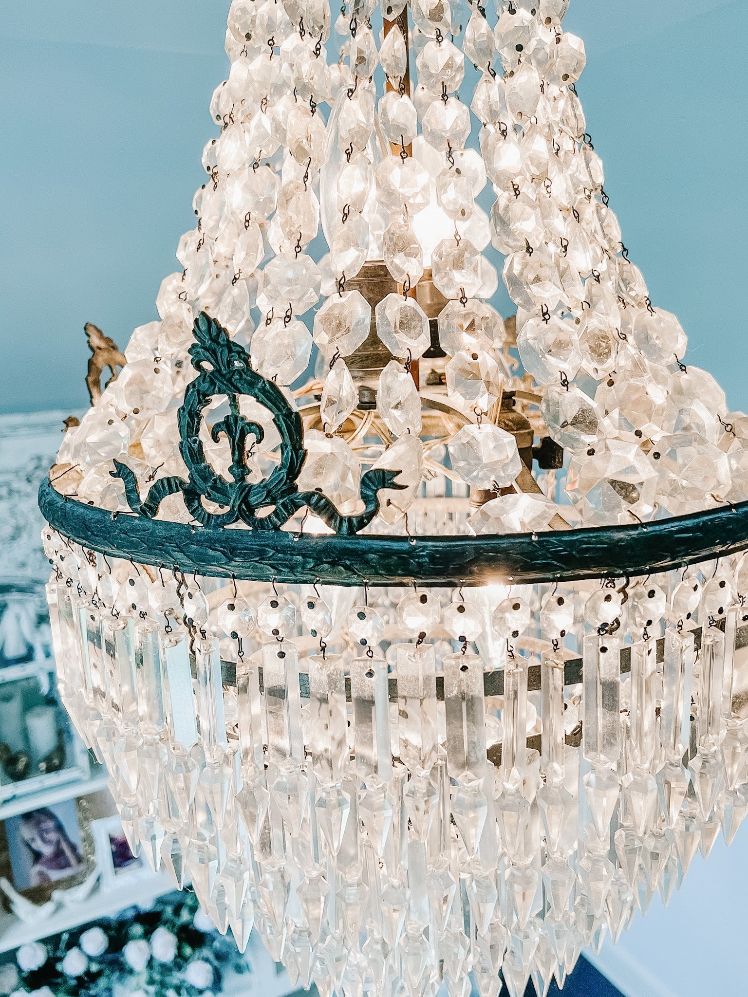Vintage French Empire Bronze 5 - Layer Crystal Chandelier - Ivory Lane Home