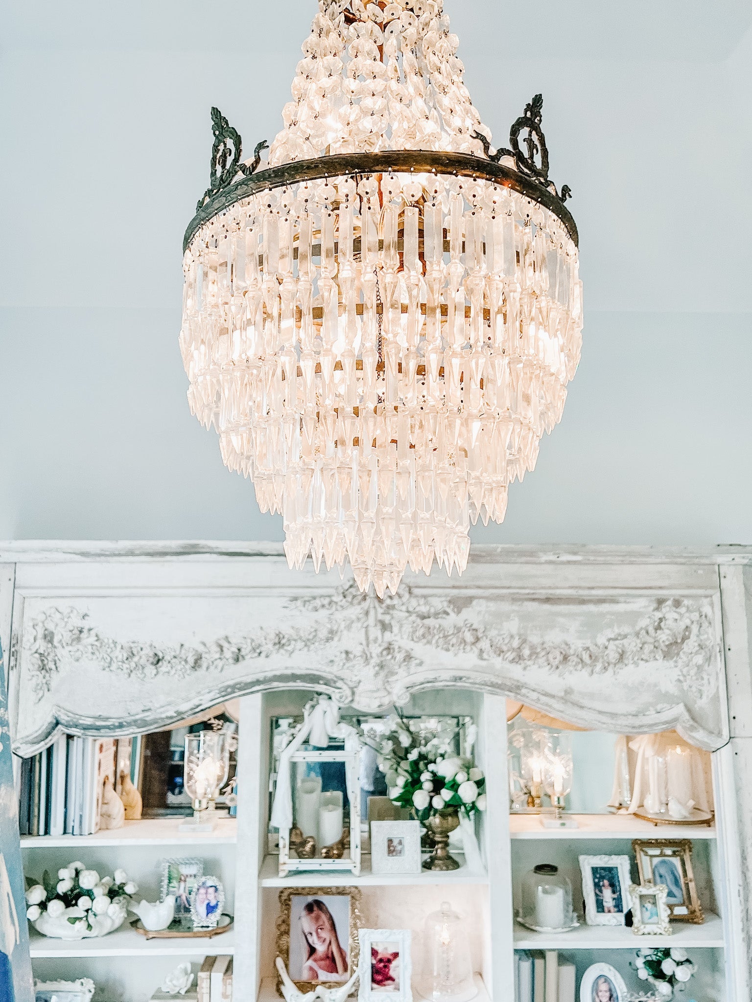 Vintage French Empire Bronze 5 - Layer Crystal Chandelier - Ivory Lane Home