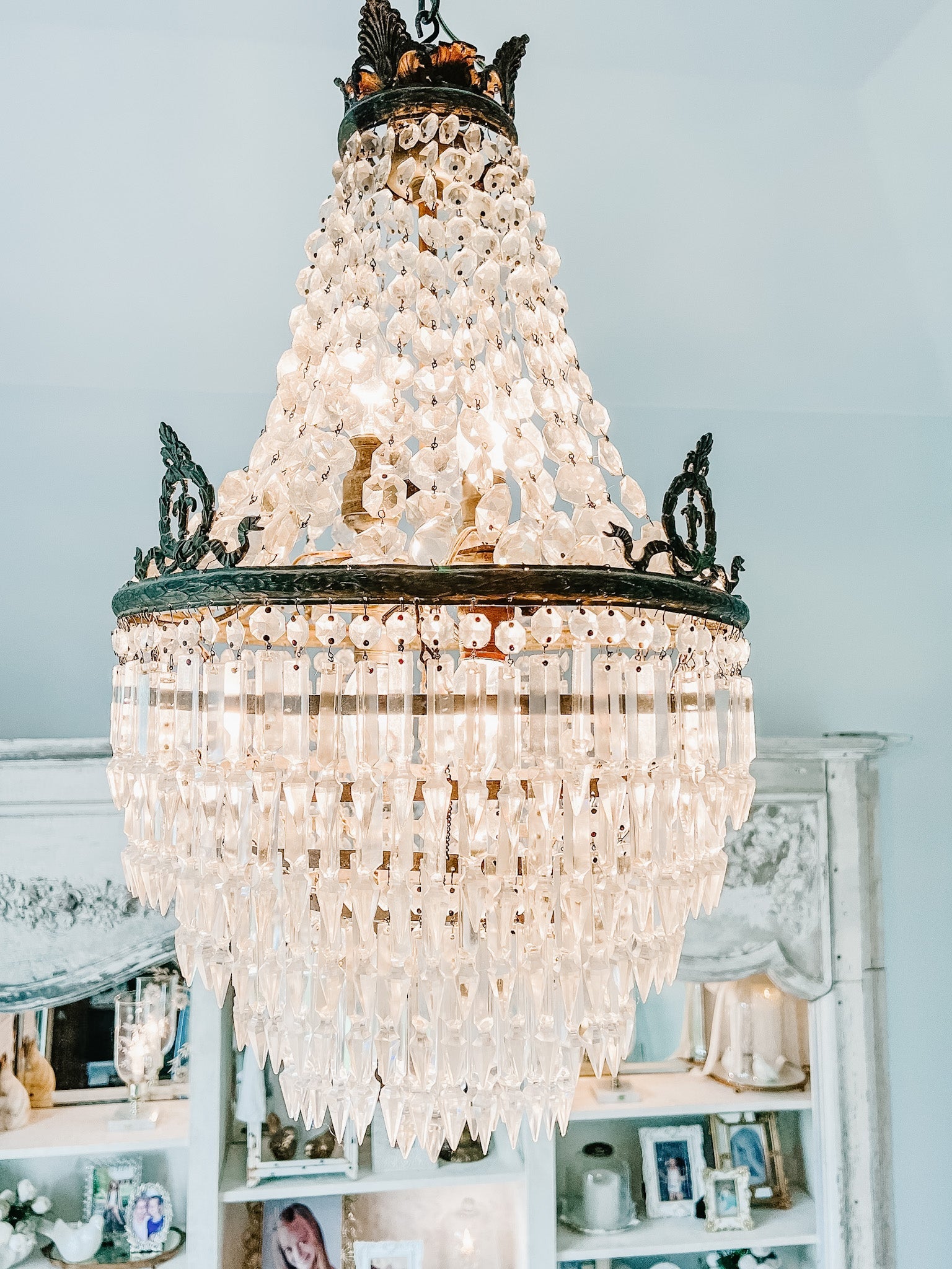 Vintage French Empire Bronze 5 - Layer Crystal Chandelier - Ivory Lane Home