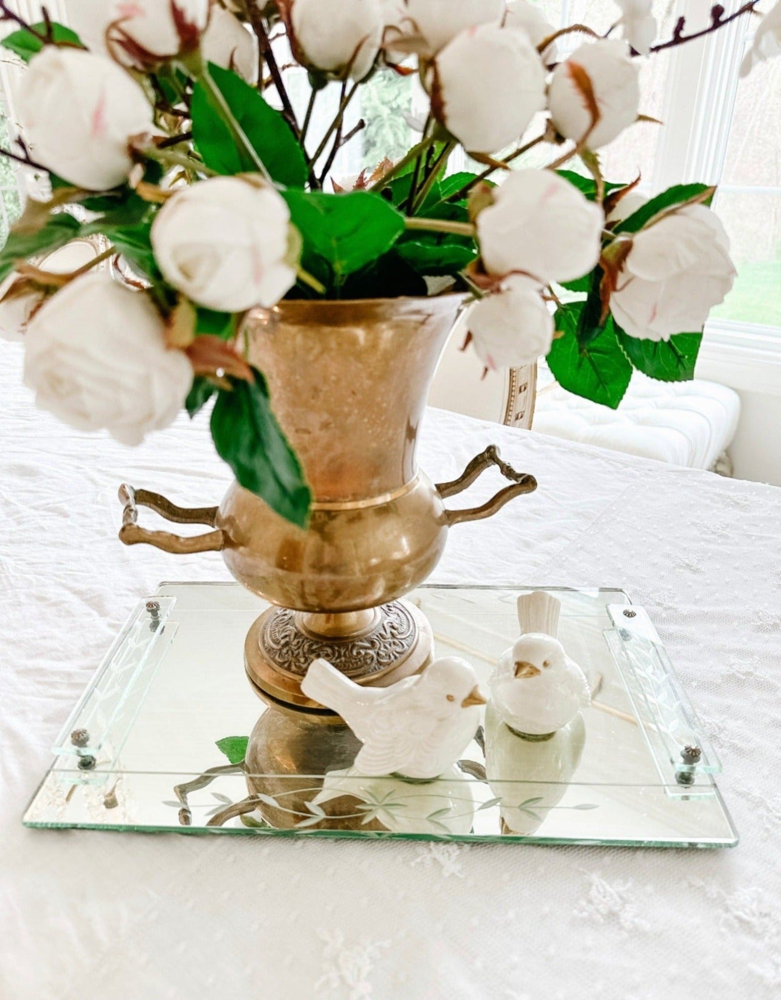Vintage French Floral Etched Mirror Tray with Handles - Ivory Lane Home