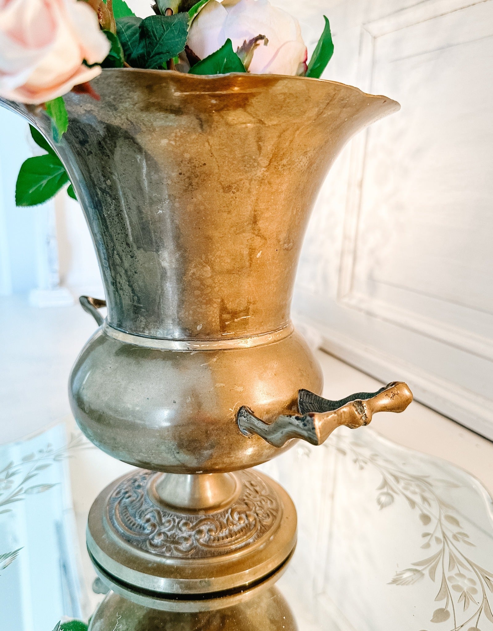 Vintage French Ornate Brass Urn with Handles - Ivory Lane Home