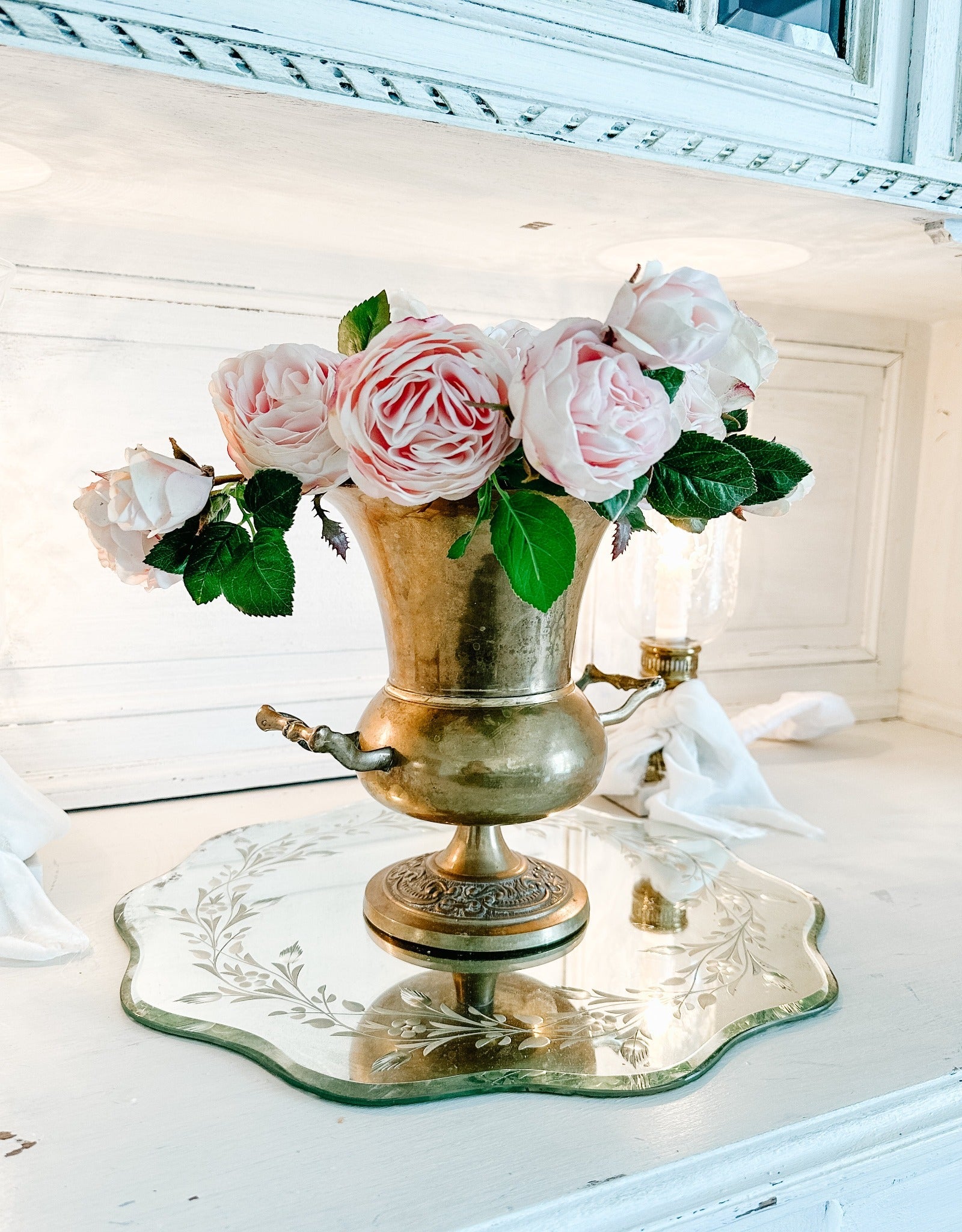 Vintage French Ornate Brass Urn with Handles - Ivory Lane Home