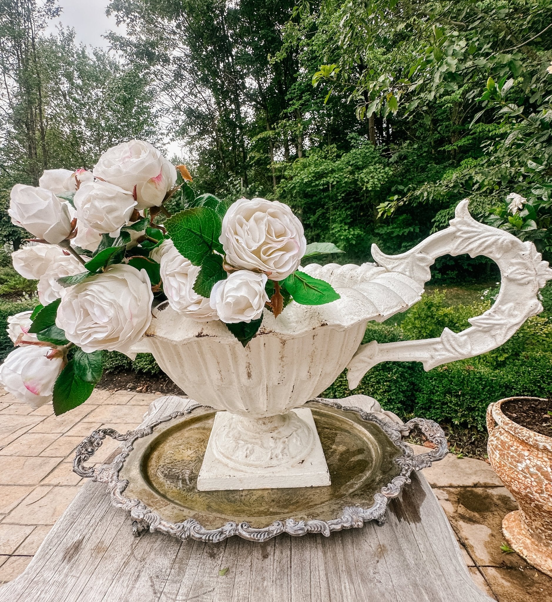Vintage French Ruffled Cast Iron Garden Urn - Ivory Lane Home