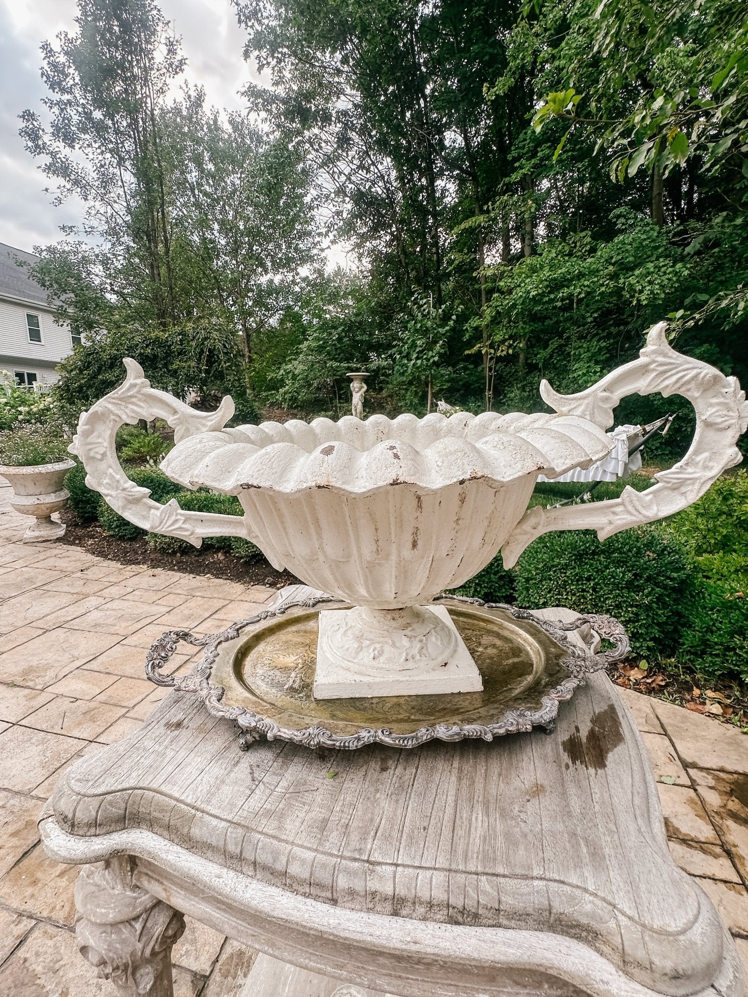 Vintage French Ruffled Cast Iron Garden Urn - Ivory Lane Home