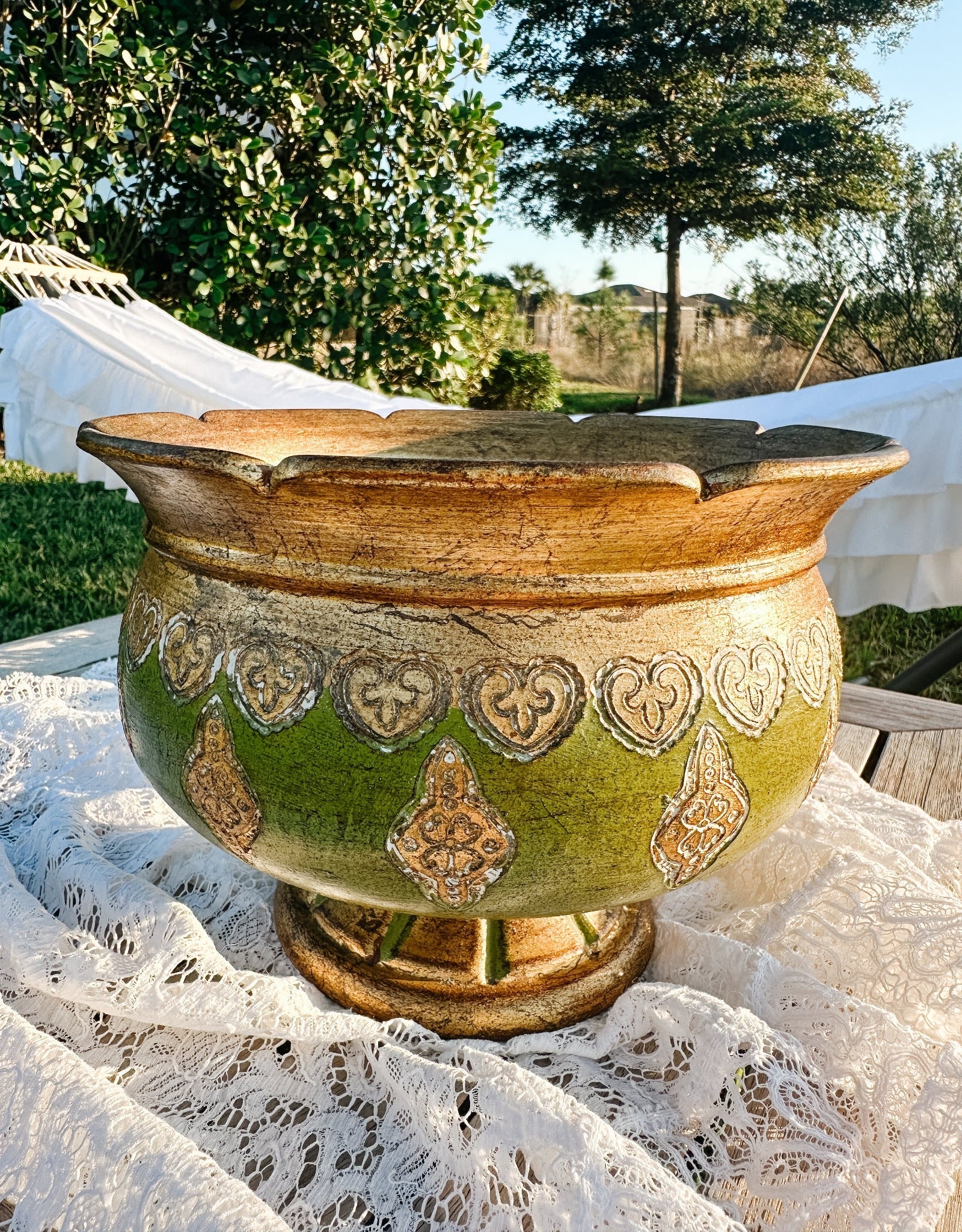 Vintage Green & Gold Gilt Italian Florentine Compote - Ivory Lane Home