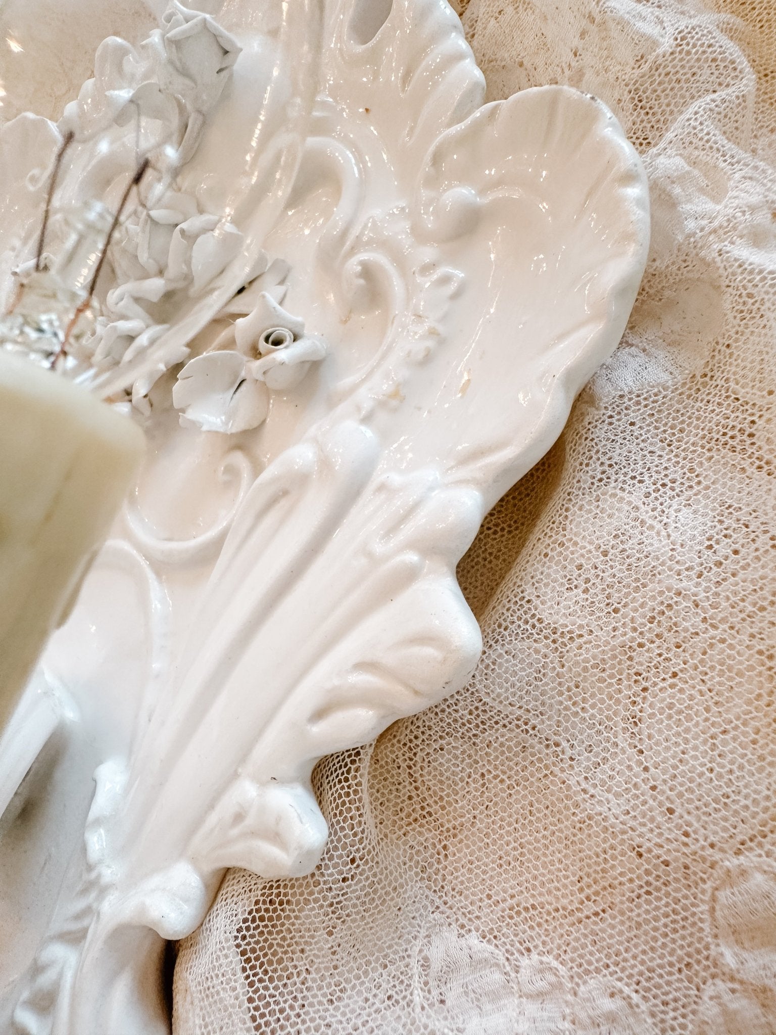 Vintage Italian White 2 - Light Porcelain Roses Sconce - Ivory Lane Home