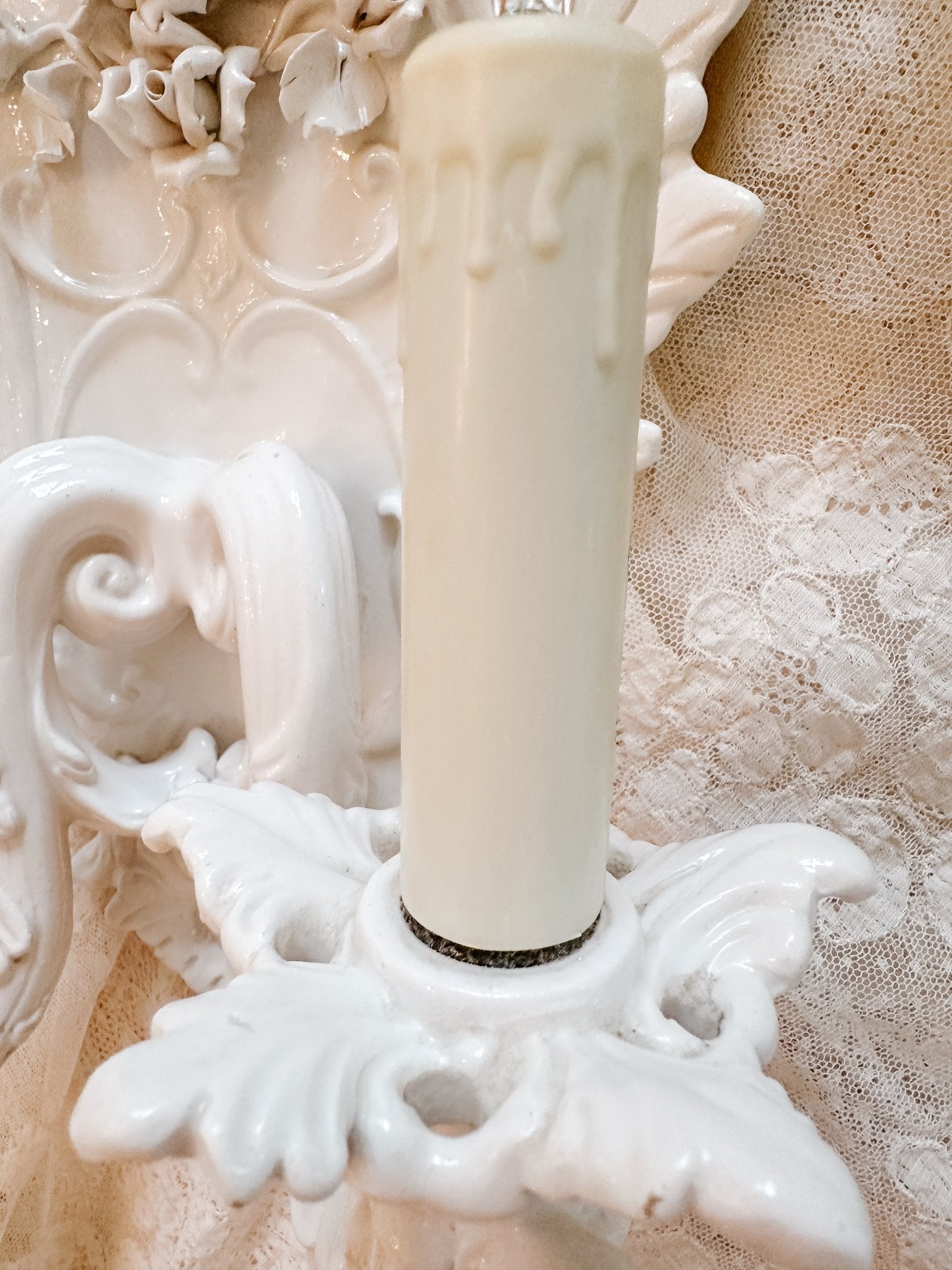 Vintage Italian White 2 - Light Porcelain Roses Sconce - Ivory Lane Home