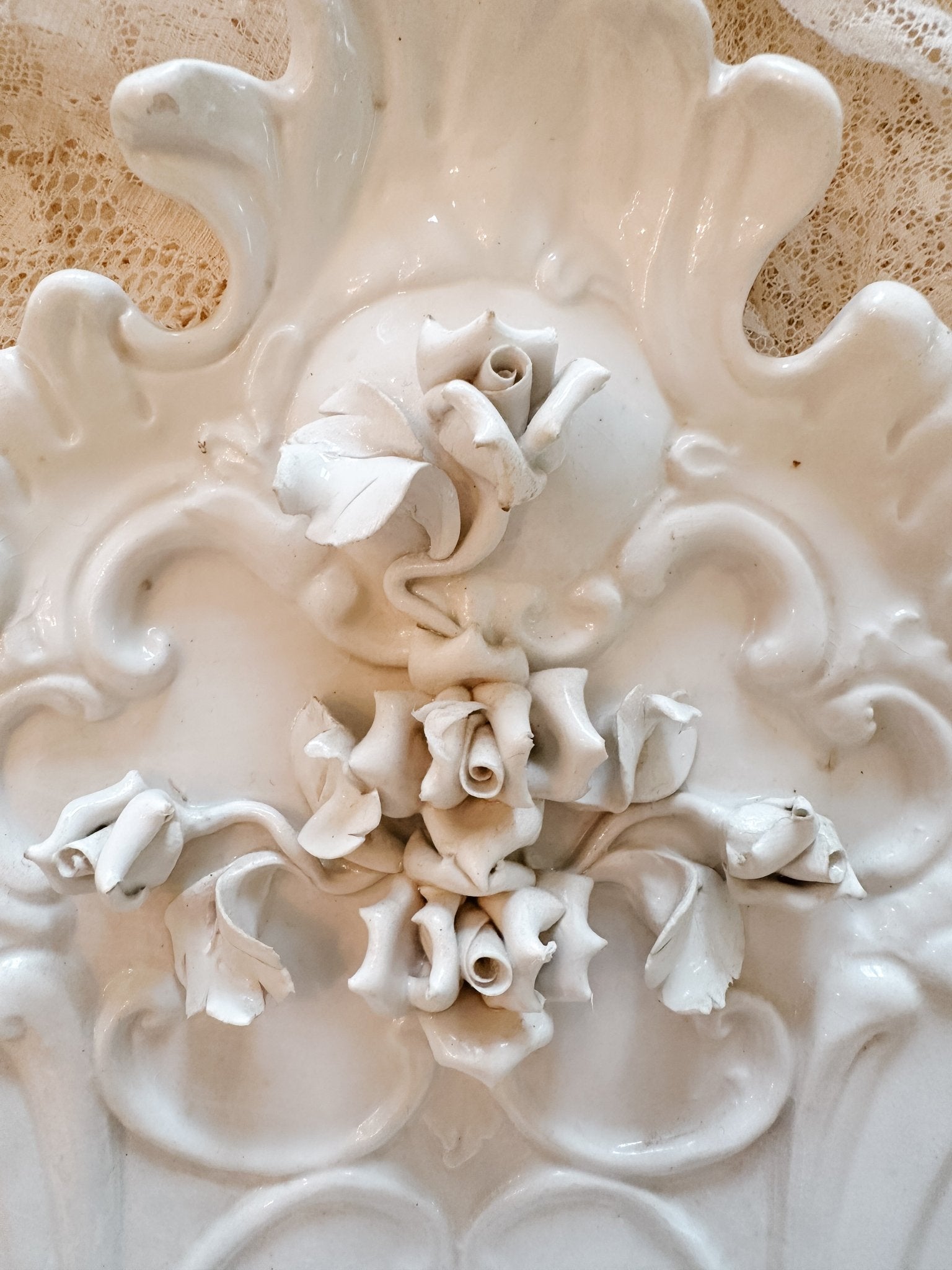 Vintage Italian White 2 - Light Porcelain Roses Sconce - Ivory Lane Home
