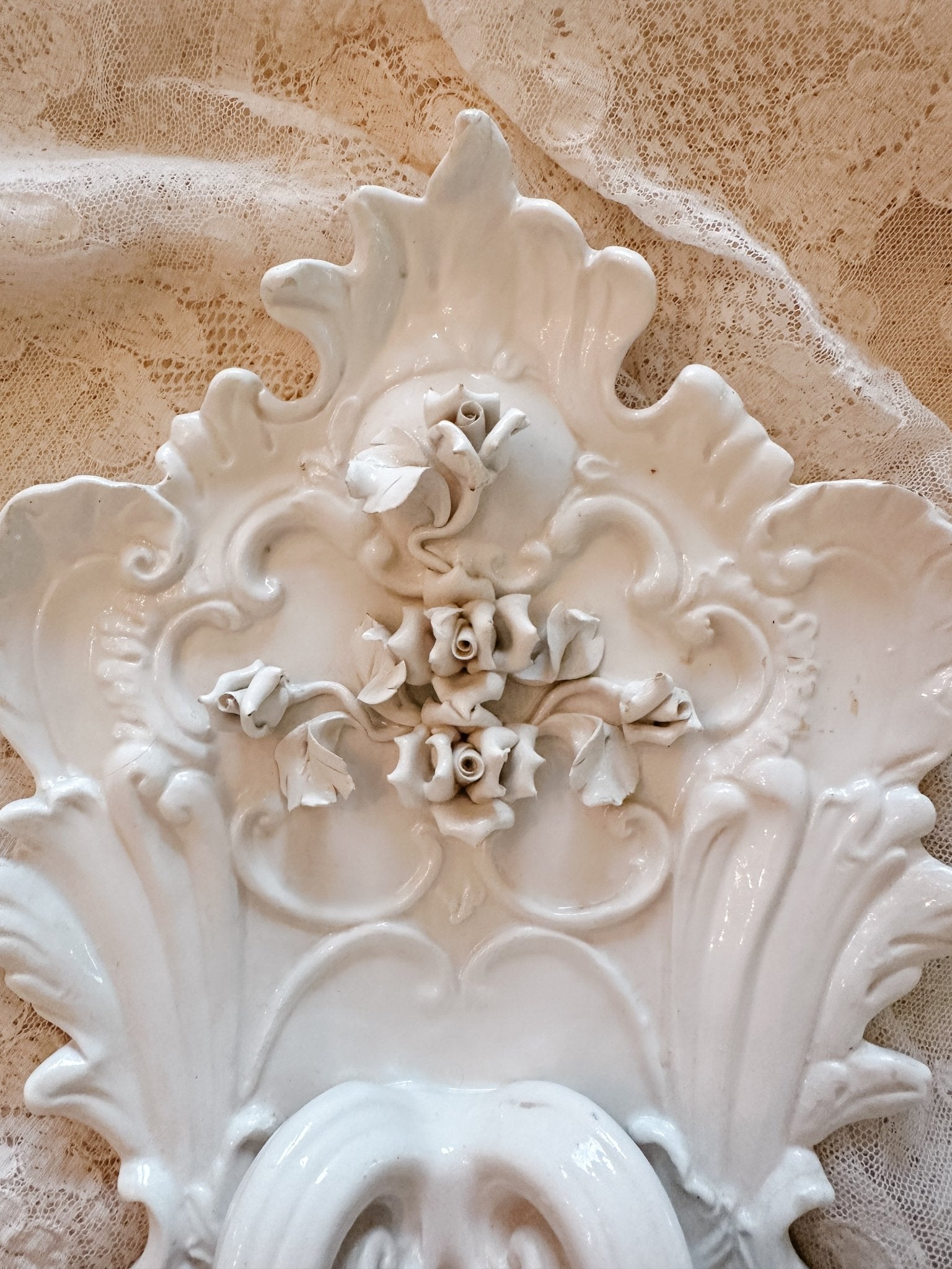 Vintage Italian White 2 - Light Porcelain Roses Sconce - Ivory Lane Home
