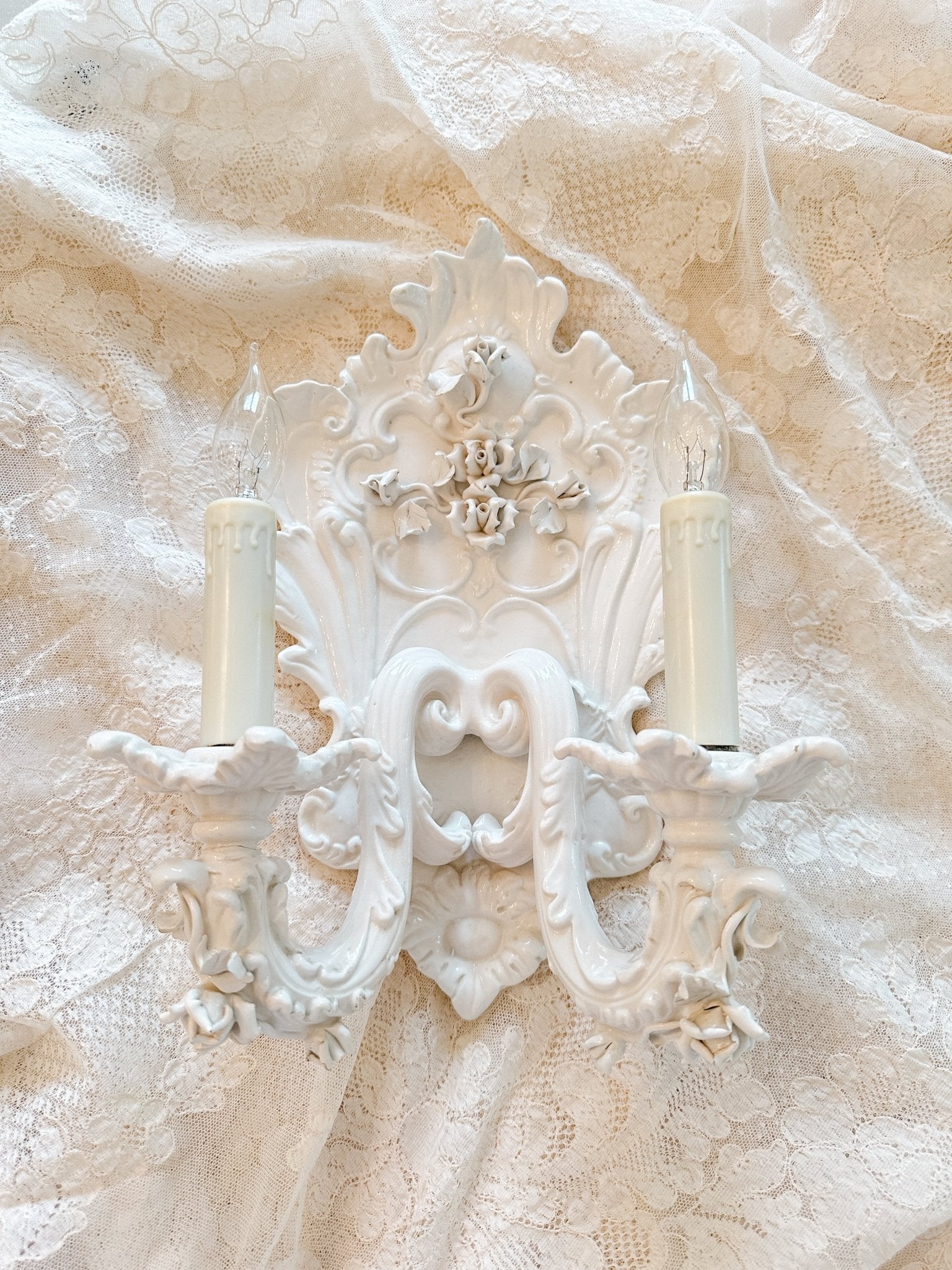 Vintage Italian White 2 - Light Porcelain Roses Sconce - Ivory Lane Home