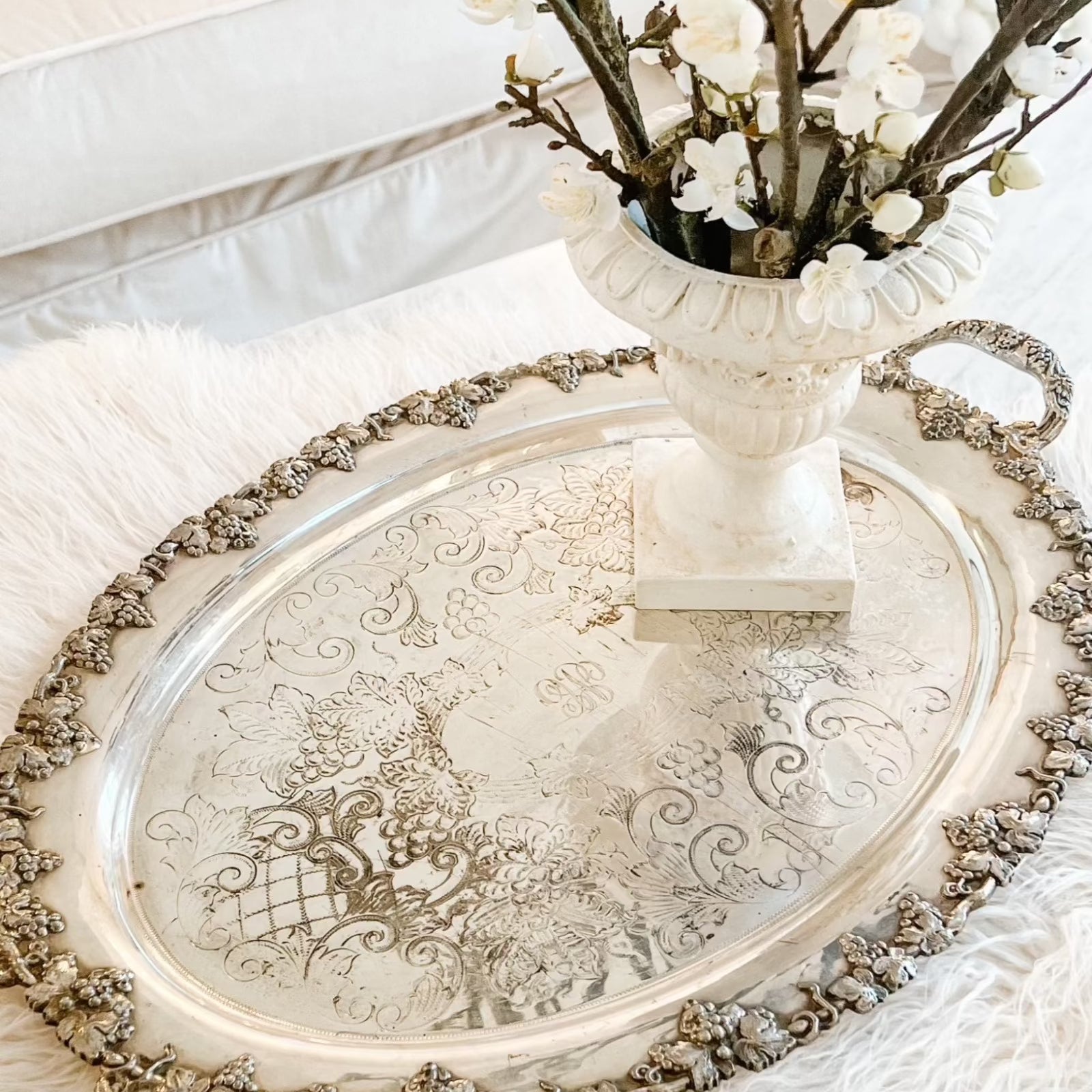 Antique floral wreath silverplated tray
