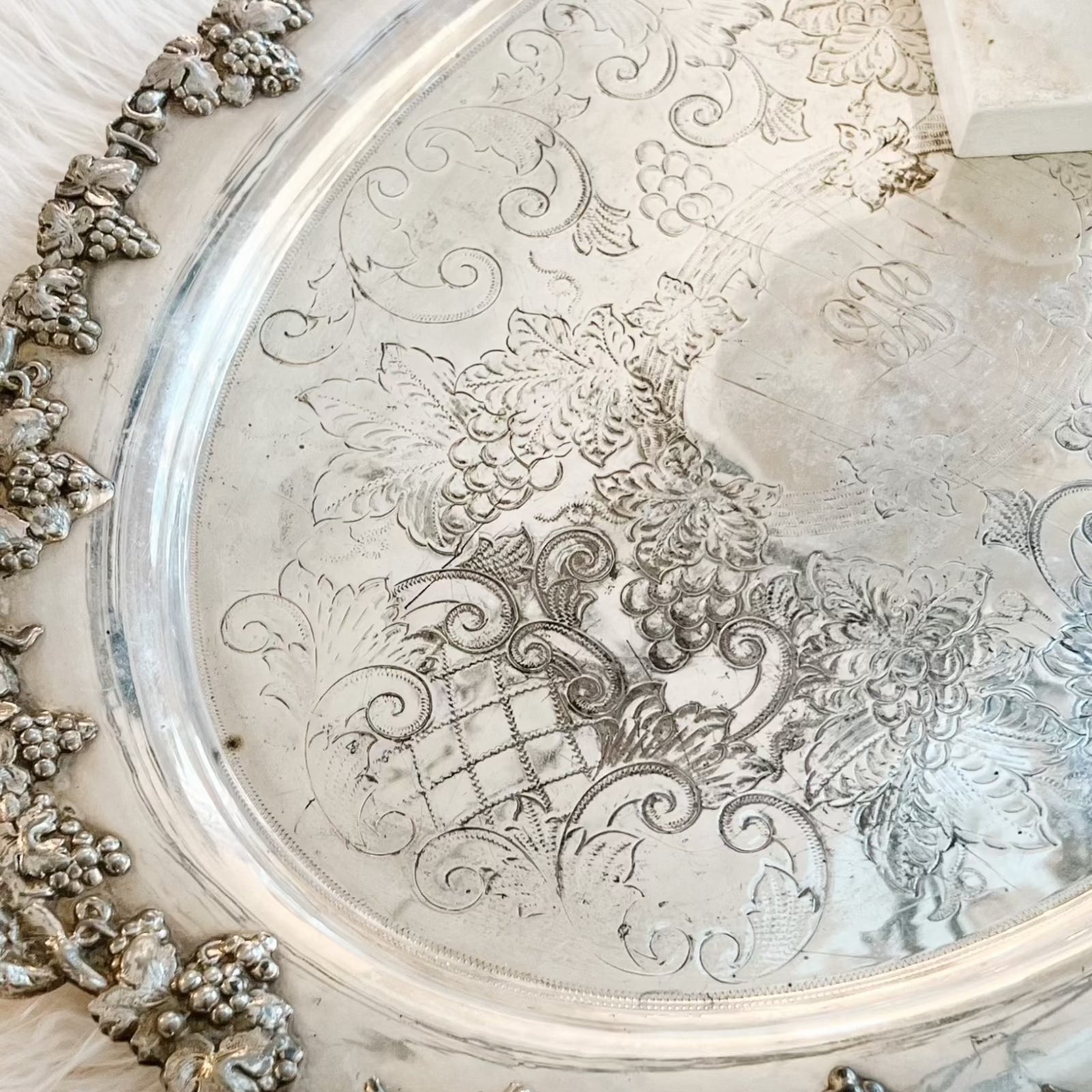 vintage silverplated serving platter with flowers and grapes